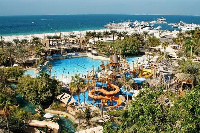 Wild Wadi slides and pools looking out towards the Gulf and the marina