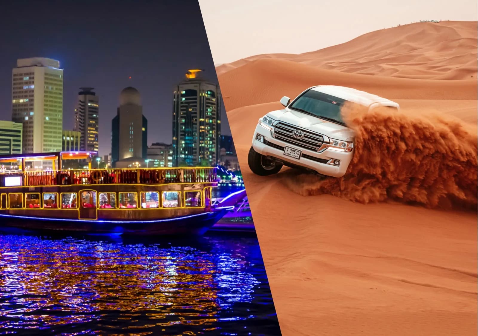 Split image of a lit dhow cruise at night and a four wheel drive on the desert dunes