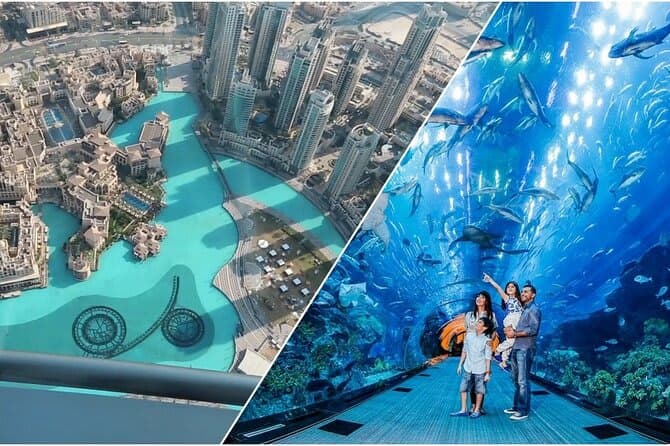 Split image of the Downtown Dubai skyline from above and the Dubai Aquarium tunnel